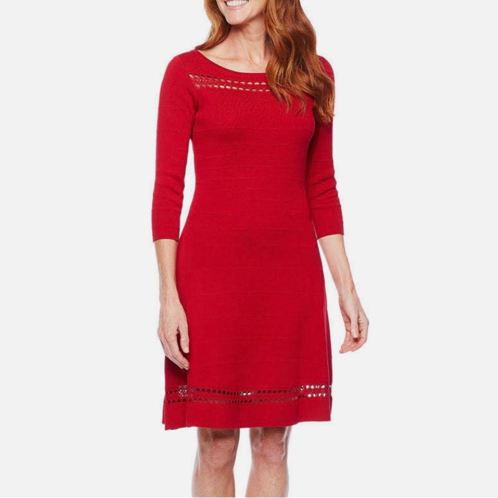 Liz Claiborne Cherry Red Fit & Flare Knit Dress With Neck And Hem Details Size S